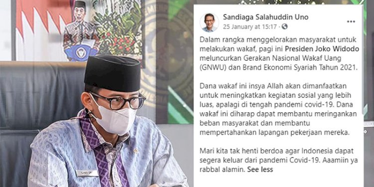 Sandiaga Uno menghadiri peluncuran wakaf nasional dan mempostingnya di media sosail/Net