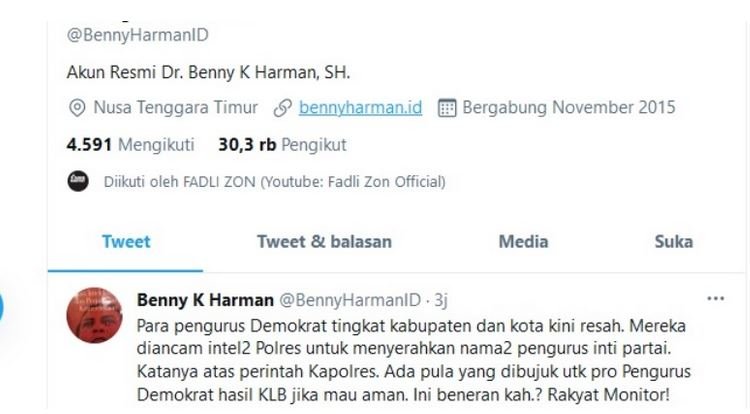 Cuitan Benny K. Harman tentang dugaan Intel Polres minta daftar pengurus daerah/Repro