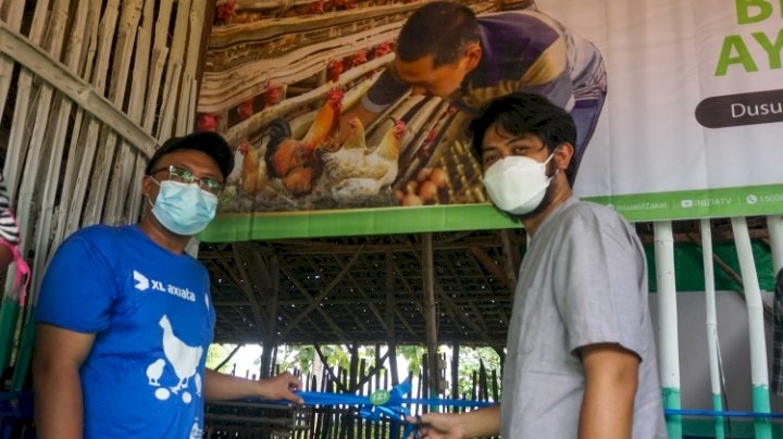 (Ki-Ka) Warga peternak penerima bantuan, Muhammad Nizar Rusdiansyah dan Head of Ziswaf MTXL, Cartesius Nugroho pada peresmian program “Kampung Bina Ternak Ayam Petelur”di Dusun Jimus, Desa Pule, Kecamatan Modo, Kabupaten Lamongan/Ist