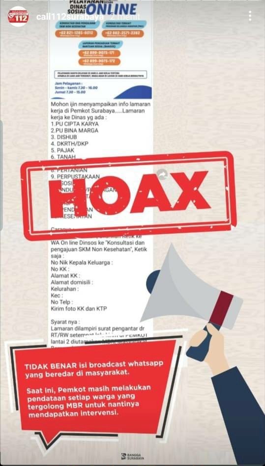 Broadcast hoax rekrutmen pekerjaan khusus warga yang ber-KTP Surabaya/Ist