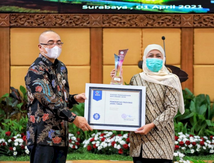 Kepala BKN RI Ir. Bima Haria Wibisana menyerahkan penghargaan BKN Award ke Gubernur Jatim Khofifah Indar Parawansa/Ist