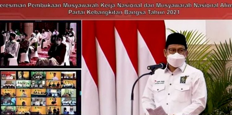 Ketua Umum PKB Muhaimin Iskandar dalam Musyawarah Nasional (Munas) dan Musyawarah Kerja Nasional (Mukernas) yang disiarkan secara virtual/Repro