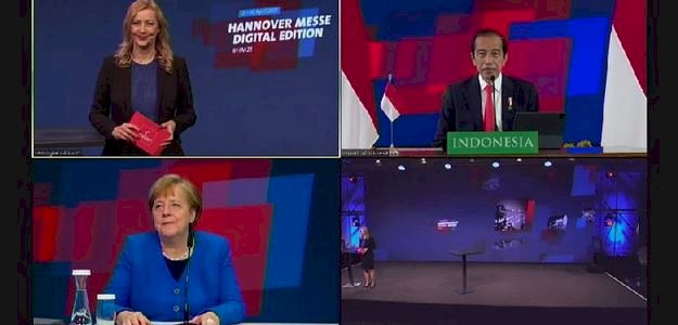   Presiden Joko Widodo (kolom kanan atas) bersama Kanselir Jerman Angela Markel (kolom kiri bawah) dalam pembukaan acara Hannover Messe tahun 2021 yang digelar virtual Senin malam ini, 12 April/Repro