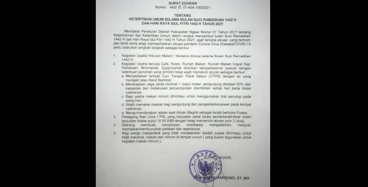SE Bupati Ngawi selama bulan Ramadhan 1442 H/Repro