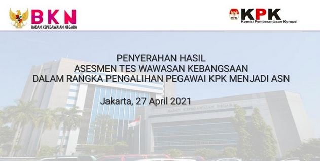 Sampul dokumen presentasi berjudul "Penyerahan Hasil Asesmen Tes Wawasan Kebangsaan Dalam Rangka Pengalihan Pegawai KPK Menjadi ASN/RMOL