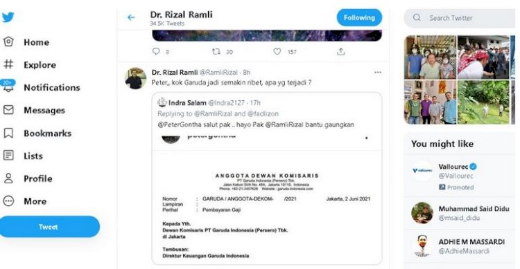 Tangkapan layar Twitter Rizal Ramli menanggapi surat Anggota Dewan Komisaris PT Garuda Indonesia (Persero) Tbk. Peter Gontha/Repro