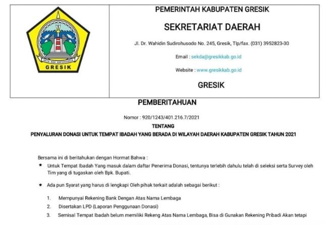 Surat donasi bantuan mengatasnamakan Pemkab Gresik/Repro