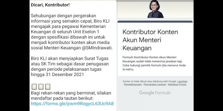 Tangkapan layar info lowongan untuk pengelola akun media sosial Menteri Keuangan Sri Mulyani Indrawati yang dibagikan Adamsyah Wahab atau Don Adam/Repro