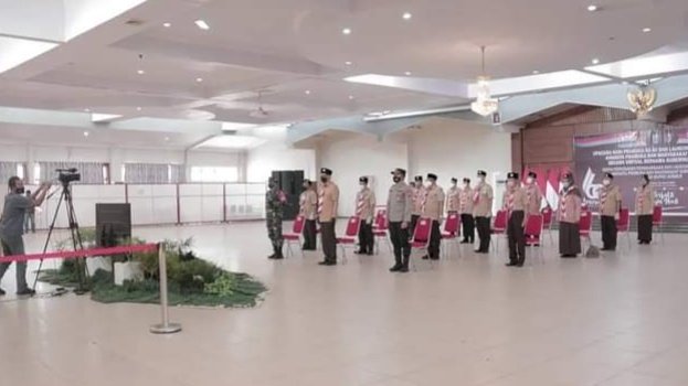 Wakil Bupati Jember, bersama anggota Forkopimda saat upacara HUT Pramuka ke 60 di Aula PB Sudirman Pemkab Jember.