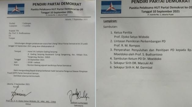 Surat undangan peringatan HUT ke-20 Partai Demokrat dari kubu Moeldoko/Ist