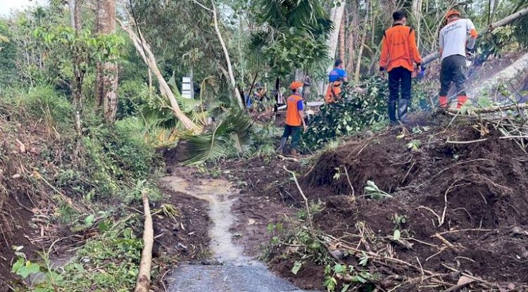 Petugas saat membersihkan jalan yang terkena longsoran/ist