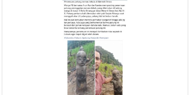   Tangkapan layar postingan temuan patung purbakala di Labura/repro        