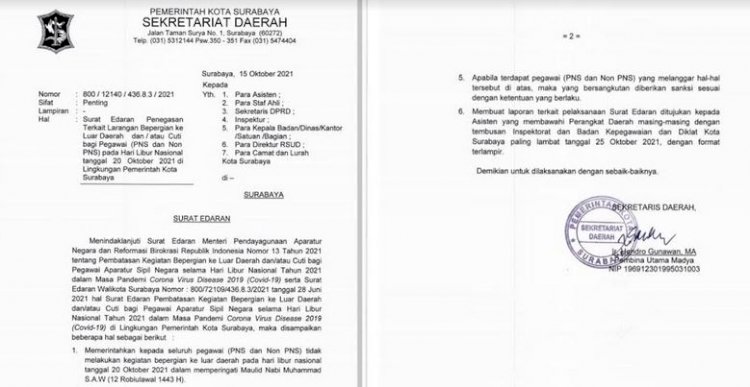 SE Nomor: 800/12140/436.8.3/2021 tentang Penegasan Terkait Larangan Bepergian ke Luar Daerah dan/atau Cuti bagi Pegawai (PNS dan Non PNS) pada Hari Libur Nasional tanggal 20 Oktober 2021 di Lingkungan Pemkot Surabaya/ist