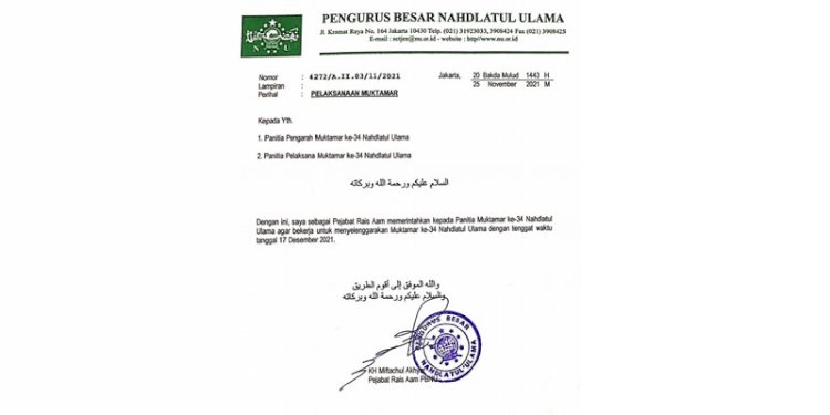 Surat perintah Rais Aam PBNU, KH Miftachul Akhyar terkait Muktamar NU digelar 17 Desember 2021/Repro