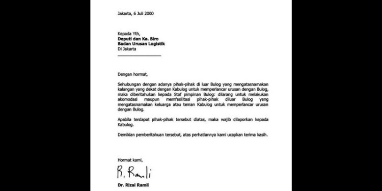 Surat komitmen Rizal Ramli memerangi praktik KKN saat masih menjadi Kepala Bulog tahun 2000 silam/Ist