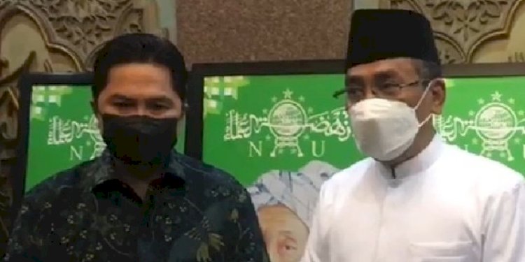 Menteri BUMN Erick Thohir saat bertandang ke Ketua Umum PBNU Yahya Cholil Staquf, Kamis (6/1)/Net