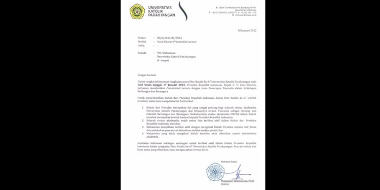 Surat Edaran Universitas Parahyangan mengenai kewajiban mahasiswa ikut kuliah Presiden Jokowi/Repro