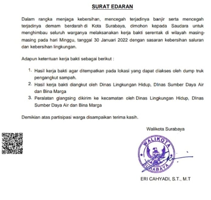 Isi  Wali Kota Nomor 660.2/1430/436.7.10/2022 tentang kerja bakti massal pada Minggu, 30 Januari 2022/RMOLJatim