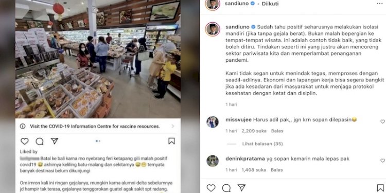 Menteri Pariwisata dan Ekonomi Kreatif, Sandiaga Uno geram ada wisatawan keliling Malang meski positif Covid-19/Net