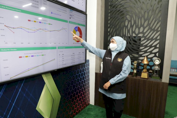 Gubernur Jawa Timur, Khofifah Indar Parawansa saat meninjau langsung data Real Time E-Samsat Jatim di Kantor Bapenda Jatim, Kota Surabaya/Ist