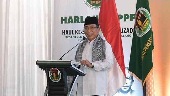 Ketua Umum PBNU, Yahya Cholil Staquf saat pidato di Puncak Harlah ke 49 PPP di Ponpes Al Hikam, Malang/Ist