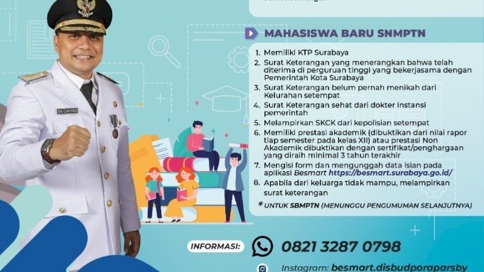 Pamflet 'Beasiswa Pemuda Tangguh Surabaya' untuk mahasiswa aktif perguruan tinggi dan mahasiswa baru melalui NMPTN, untuk warga Kota Pahlawan/ist