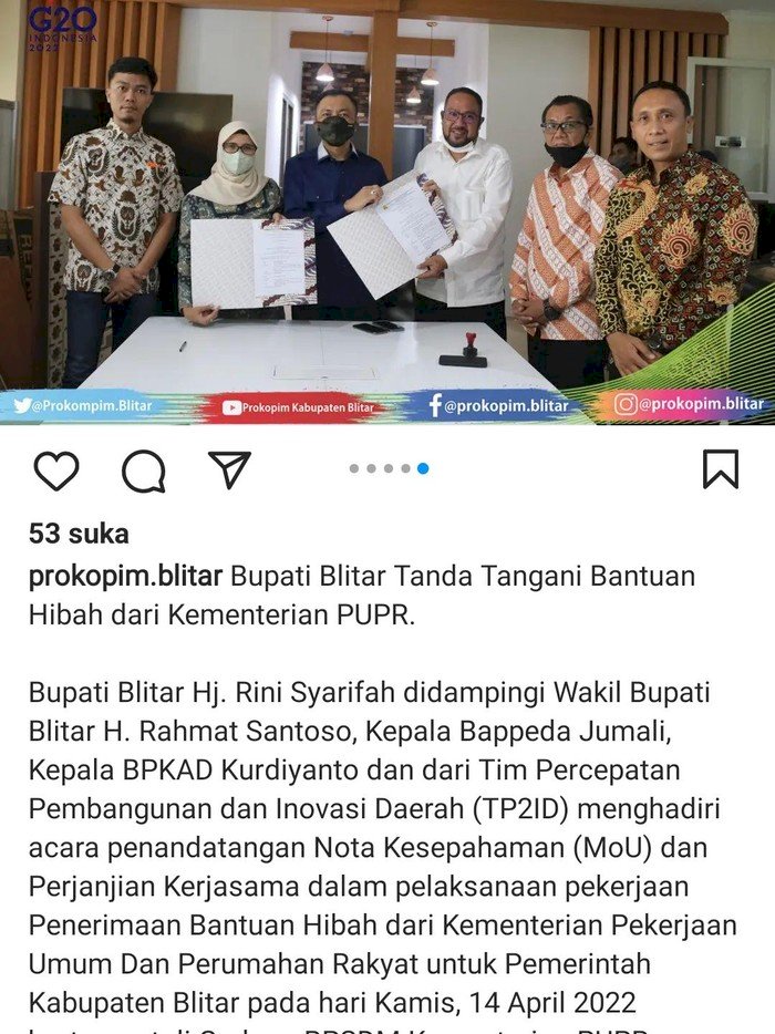 Tangkapan layar soal dana hibah Kementerian PUPR pada Pemkab Blitar yang diposting IGpemkab_blitar/Ist 