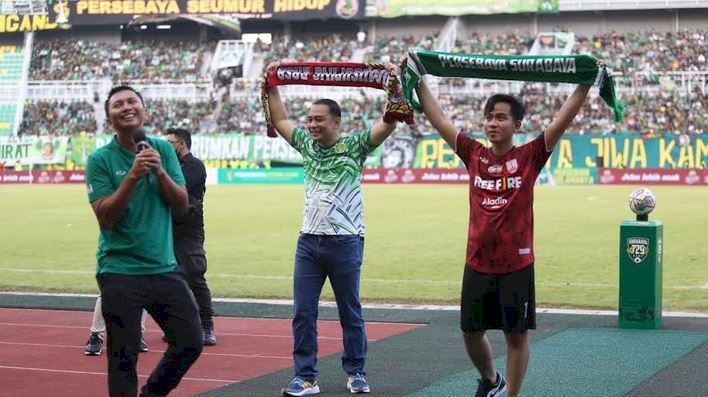 Wali Kota Surabaya Eri Cahyadi bersama Wali Kota Surakarta Gibran dan Presiden Persebaya Azrul Ananda/ist