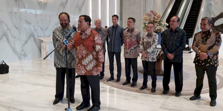 Ketua Umum Partai Gerindra Prabowo Subianto menggelar jumpa pers usai bertemu 5 jam dengan Ketua Umum Partai Nasdem Surya Paloh/Net