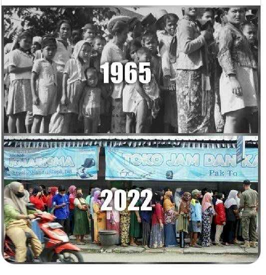 Ilustrasi antre minyak tanah tahun 1965 dan antre minyak goreng 2022/Ist