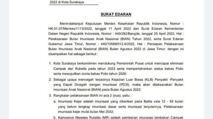 SE tentang Pelaksanaan BIAN Tahun 2022 di Kota Surabaya/ist