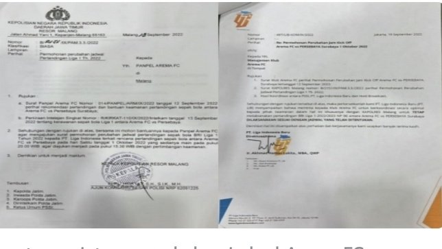 Surat permintaan perubahan jadwal Arema FC vs Persebaya dari Polres Malang (kiri) dan surat balasan dari PT Liga Indonesia Baru (PT LIB)/Repro