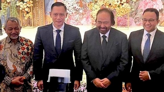 Presiden PKS Ahmad Syaikhu, Ketua Umum Partai Demokrat Agus Harimurti Yudhoyono, Ketua Umum Partai Nasdem Surya Paloh, dan Calon Presiden dari Nasdem, Anies Baswedan/Net