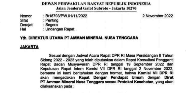 Komisi VII DPR RI memanggil Direktur Utama PT Amman Mineral Nusa Tenggara (AMNT)/Net