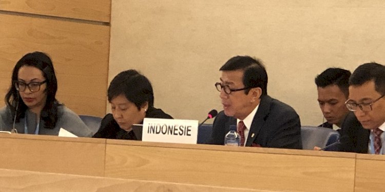 Menteri Hukum dan HAM RI Yasonna Laoly ketika memberikan paparan dalam sidang Universal Periodic Review (UPR) Indonesia di Markas PBB di Jenewa, Swiss pada Rabu (9/11)/Net