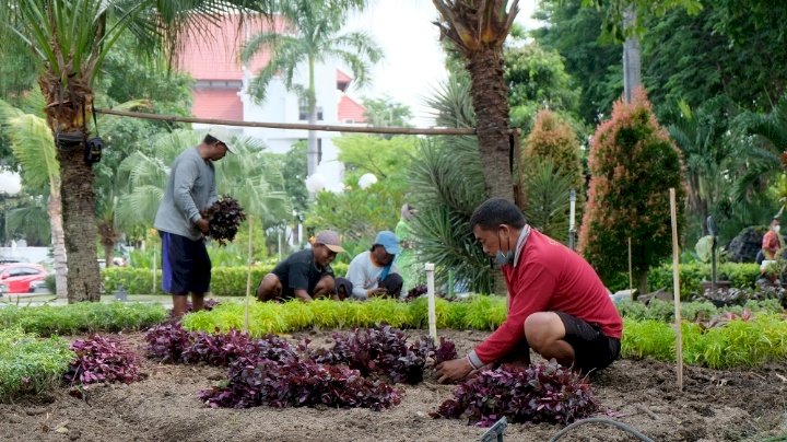 Teks foto: Petugas saat melakukan pebataan taman/RMOLJatim