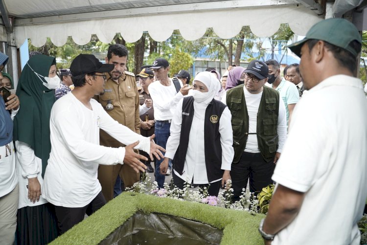 Gubernur Khofifah Indar Parawansa didampingi Kadis KP, Isa Ansori mendapat penjelasan teknologi budidaya ramah lingkungan di Pelabuhan Mayangan/Ist