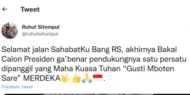 Tangkapan layar cuitan Twitter @ruhutsitompul/Repro