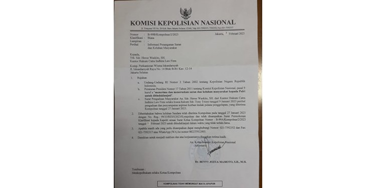 Surat dari Kompolnas soal laporan kasus Richard Mille/Ist