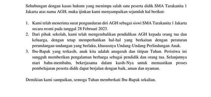 Surat resmi yang menyatakan AG mengundurkan diri dari sekolahnya/Repro