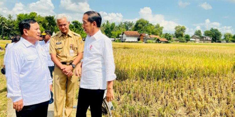 Presiden Joko Widodo, Menteri Pertahanan (Menhan) Prabowo Subianto, dan Gubernur Jawa Tengah Ganjar Pranowo saat panen raya di Kebumen, Jawa Tengah/Net