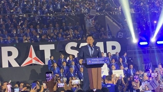 Pidato politik Ketua Umum Partai Demokrat, Agus Harimurti Yudhoyono (AHY) di Tennis Indoor Senayan, Jakarta, Selasa (14/3)/RMOL