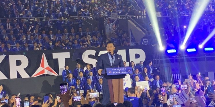 Pidato politik Ketua Umum Partai Demokrat, Agus Harimurti Yudhoyono (AHY) di Tennis Indoor Senayan, Jakarta, Selasa (14/3)/RMOL