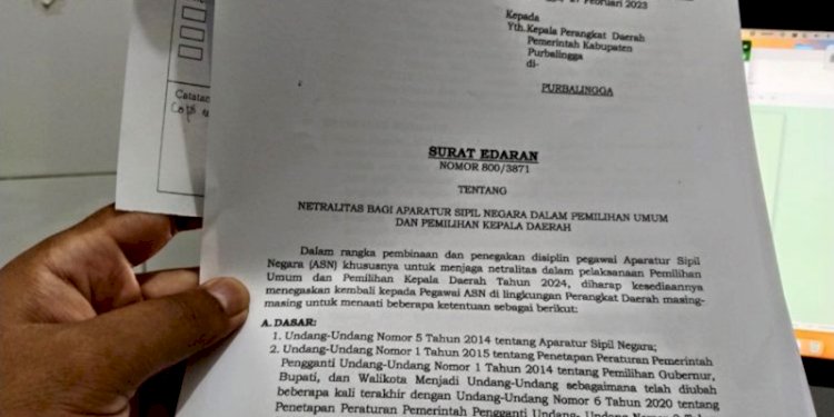 Surat Edaran Sekda Purbalingga agar ASN menjaga netralitas pada Pemilu Serentak 2024/RMOLJateng