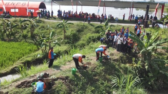 TEKS POTO: Bupati Lamongan Yuhronur Efendi saat mengikuti penanaman pohon bambu di kawasan Bantaran sungai mengkuli Lamongan/ RMOL Jatim