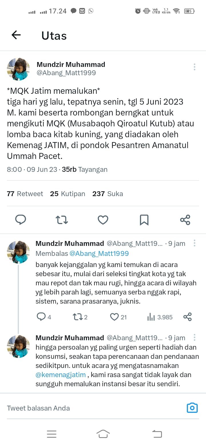 Twitter Mundzir Muhammad, salah satu pengurus pondok pesantren Lirboyo/ist