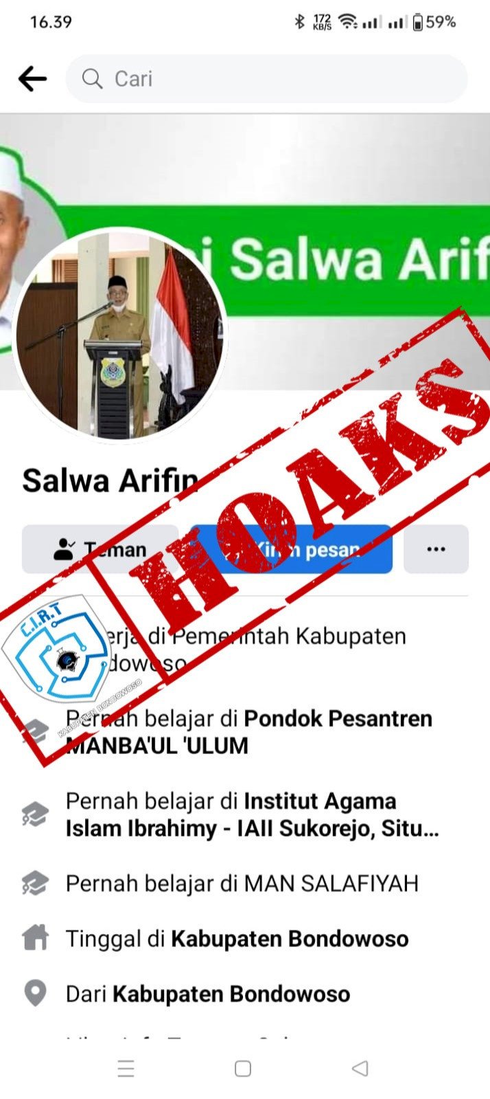 Akun Facebook palsu atas nama Bupati Bondowoso/ist