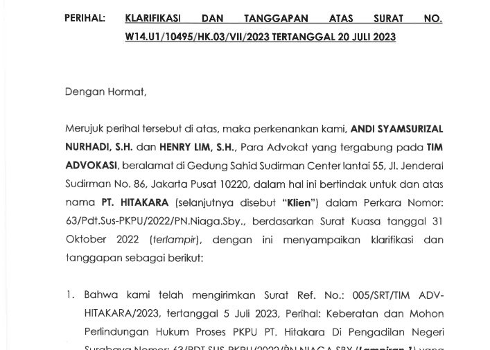 Surat klarifikasi kepada ketua PN Surabaya 