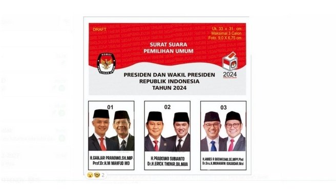 Gambar desain surat suara Pilpres 2024 dengan tiga pasangan calon presiden dan wakil presiden yang beredar di media sosial/Rep