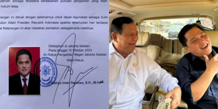 Kolase SKCK Erick Thohir dan foto kebersamaan dengan Prabowo Subianto yang beredar di media sosial/Repro